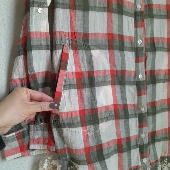 Umgee Mixed Media Plaid Button Up Convertible Sleeve Tunic Lace Trim Size S - Picture 6 of 13